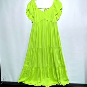 Ingrid Isabel Neon Lime Green XL Maxi Dress Flutter Sleeve Square Neck Tie Back